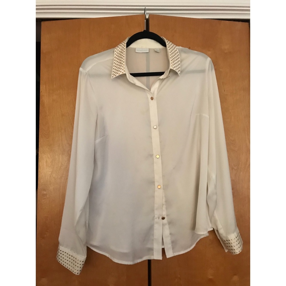 Satin Feel White Button Down with Gold Detail